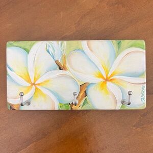 Wood Wall Key Hooks Rack Hand Painted Plumeria Artist Signed
